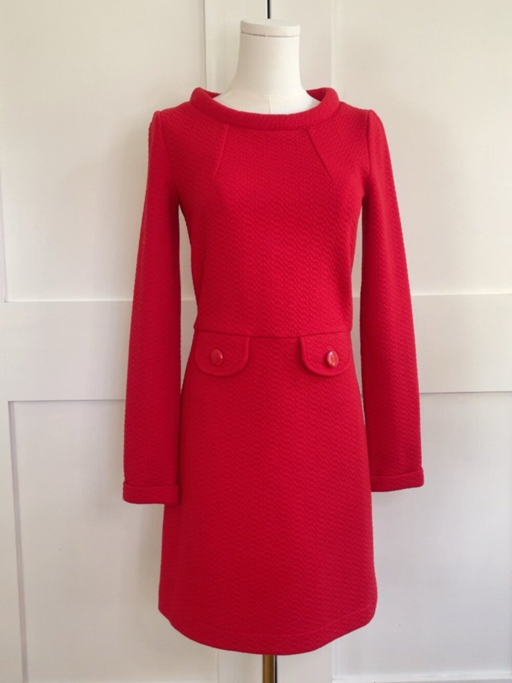 Boden Textured Red Shift Dress Long Sleeve Mod Mini US 2R